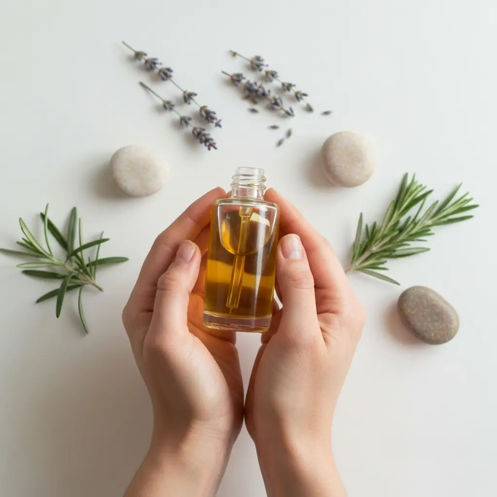 Rankos laiko plaukų aliejaus buteliuką su natūraliais ingredientais aplinkui